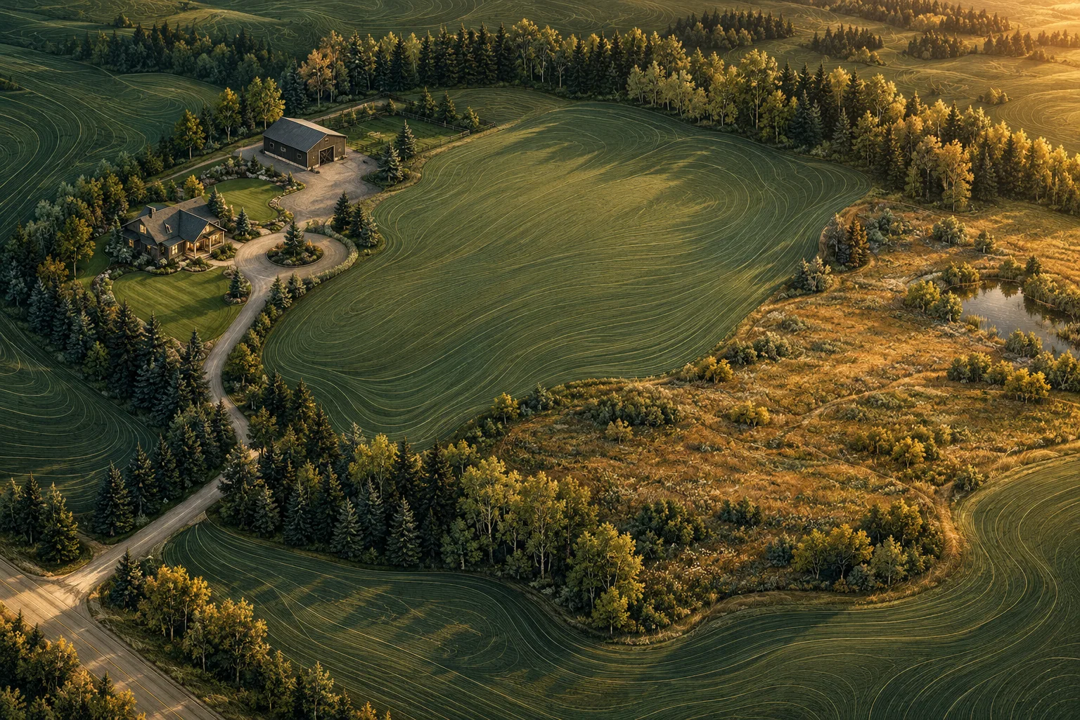 Oblique illustrated acreage atlas showing a country home and barn, gravel access, distinct grass areas, a shelterbelt and artistic contour lines